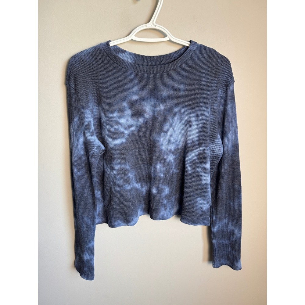 Design Lab Womens Blue Tie Dye Thermal Waffle Knit Top S Cropped Boho Casual